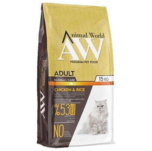 Animal World Hairball Tüy Yumağı Önleyici Tavuklu Yetişkin Kedi Maması 15 kg - 1
