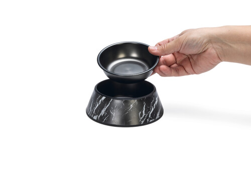 Beeztees DBL Köpek Mama Su Kabı, Mat Siyah Paslanmaz Çelik, Siyah Mermer Görünümlü, 14cm, 160ml - 2