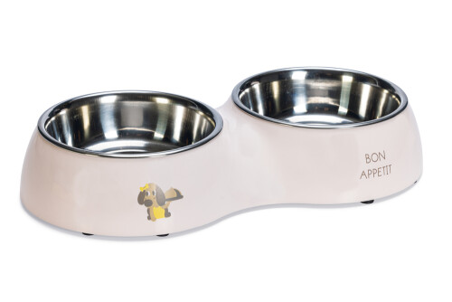 Beeztees Köpek İkili Mama ve Su Kabı, Paslanmaz Çelik, Pudra Pembe, 34x17,5cm, 2x350ml - 1