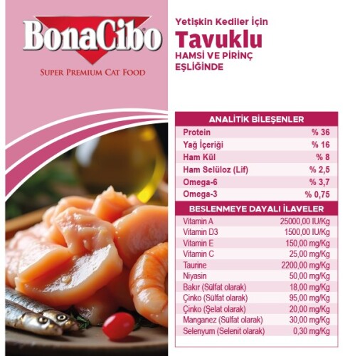 BonaCibo Tavuklu (Hamsi ve Pirinç Eşliğinde) Yetişkin Kedi Maması 15 kg - 4
