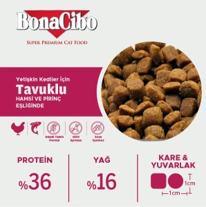 BonaCibo Tavuklu (Hamsi ve Pirinç eşliğinde) Yetişkin Kedi Maması 2 Kg - 3