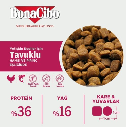 BonaCibo Tavuklu (Hamsi ve Pirinç eşliğinde) Yetişkin Kedi Maması 2 Kg - 3