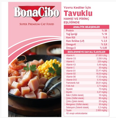 BonaCibo Tavuklu (Hamsi ve Pirinç eşliğinde) Yavru Kedi Maması 15 Kg - 4