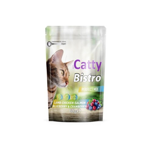 Catty Bistro Mükemmel Karışım Kuzulu Tavuklu Somonlu Yaban Merisnli ve Kızılcıklı Kedi Ödül Maması 60 Gr - 1