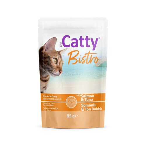 Catty Bistro Sos İçinde Somonlu Ton Balıklı Yetişkin Kedi Konservesi 85 Gr - 1