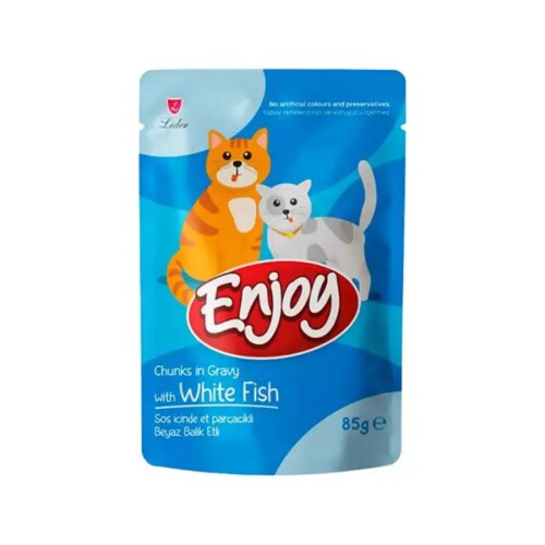 Enjoy Pouch Sos İçinde Et Parçacıklı Beyaz Balıklı Yetişkin Kedi Konservesi 85 Gr - 1