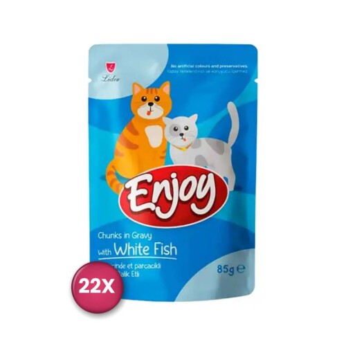 Enjoy Pouch Sos İçinde Et Parçacıklı Beyaz Balıklı Yetişkin Kedi Konservesi 85 Gr x 22 Adet - 1