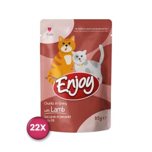 Enjoy Pouch Sos İçinde Et Parçacıklı Kuzu Etli Yetişkin Kedi Konservesi 85 Gr x 22 Adet - Enjoy