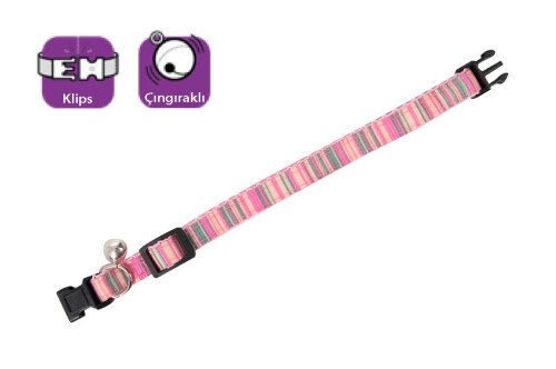 Karlie Çıngıraklı Çizgili Kedi Boyun Tasması 30 cm Pembe - 1