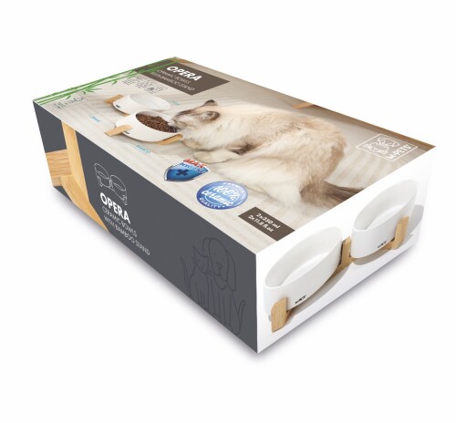 M-Pets Opera Bambu Standlı İkili Beyaz Seramik Kedi Mama ve Su Kabı 2x350 Ml - 1