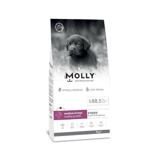 Molly Düşük Tahıllı Hypoallergenic Kuzulu ve Yaban Mersinli Orta ve Büyük Irk Yavru Köpek Maması 15 Kg - Molly