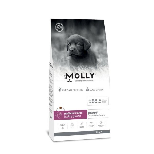 Molly Düşük Tahıllı Hypoallergenic Kuzulu ve Yaban Mersinli Orta ve Büyük Irk Yavru Köpek Maması 15 Kg - 1