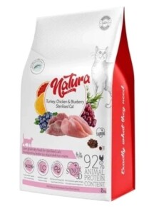 Natura Premium Tavuklu Hindili Yaban Mersinli Düşük Tahıllı Kısırlaştırılmış Yetişkin Kedi Maması 2 kg - Natura