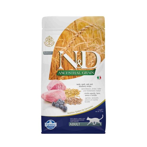 N&D Düşük Tahıllı Kuzu Etli Yaban Mersinli Yetişkin Kedi Maması 1,5 kg - 1