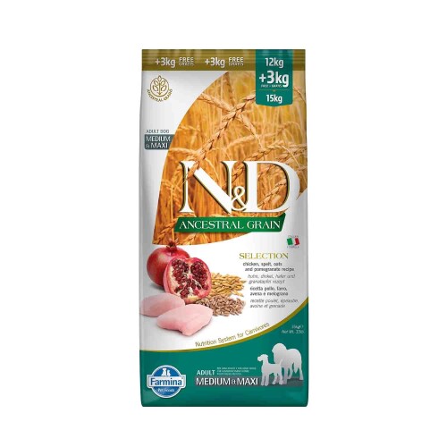 N&D Düşük Tahıllı Tavuk Narlı Orta ve Büyük Irk Köpek Maması 12 kg + 3 kg - 1