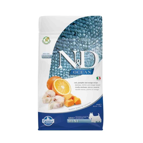 N&D Ocean Tahılsız Bal Kabaklı Morina Balıklı ve Portakallı Küçük Irk Yetişkin Köpek Maması 800 gr - 1