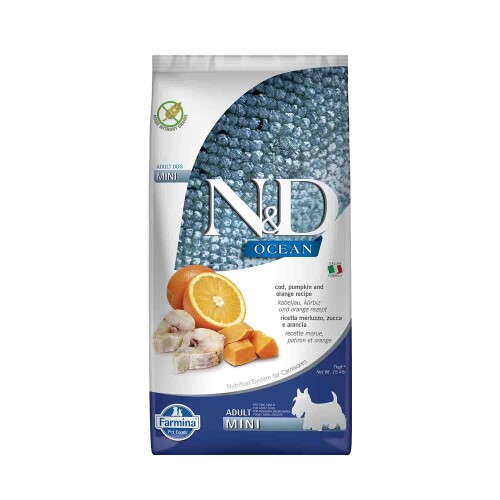 N&D Ocean Tahılsız Balkabaklı Morina Balıklı ve Portakallı Küçük Irk Yetişkin Köpek Maması 7 kg - 1