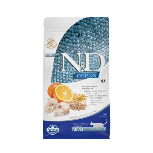 N&D Ocean Düşük Tahıllı Morina Balıklı Portakallı Yetişkin Kedi Maması 1,5 kg - 1