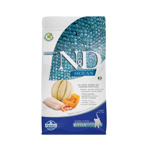 N&D Ocean Kitten Balkabaklı Morina Balıklı ve Karidesli Kavunlu Yavru Kedi Maması 1,5 kg - 1