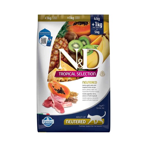 N&D Tropical Selection Düşük Tahıllı Kuzu Etli ve Tropikal Meyveli Kısırlaştırılmış Kedi Maması 4 + 1 kg Hediyeli! - 1