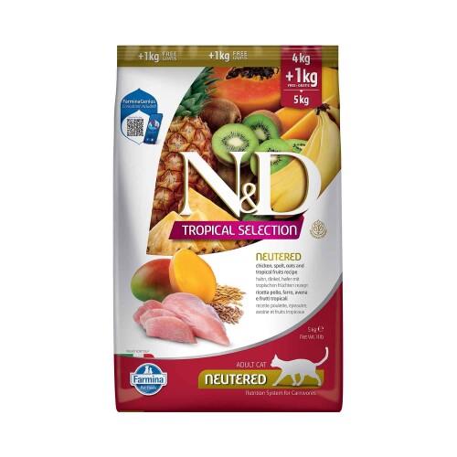 N&D Tropical Selection Düşük Tahıllı Tavuklu ve Tropikal Meyveli Kısırlaştırılmış Kedi Maması 4 + 1 kg Hediyeli! - 1
