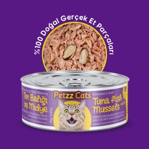 PetzzCats Lezzetli Sos İçinde Taze Fileto Ton Balıklı ve Midyeli Konserve Kedi Maması 85 Gr 6 Adet - PetzzCats
