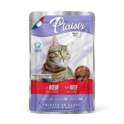 Plaisir Pouch Sığır Etli ve Hindili Kısırlaştırılmış Yetişkin Kedi Konservesi 100 gr - 1