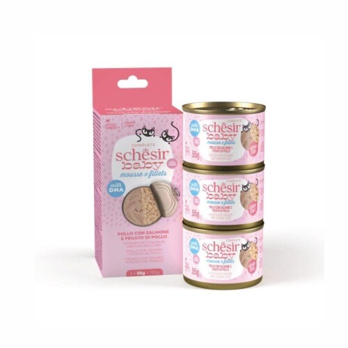 Schesir Parça Tavuklu Somonlu Ciğerli Tahılsız Ezme Yavru Kedi Konservesi 3 x 55 gr - 1