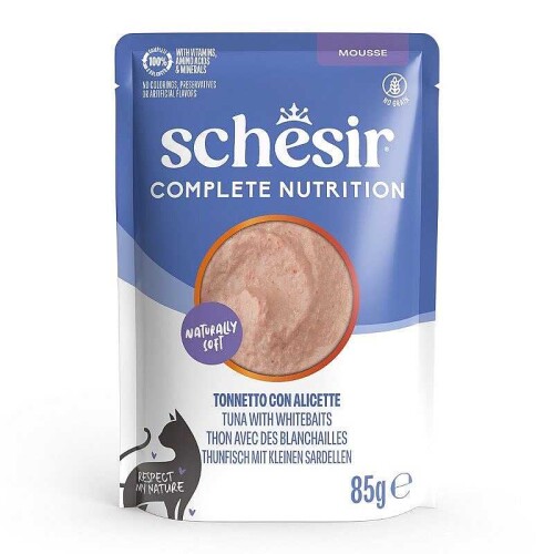 Schesir Tam ve Dengeli Ton Balıklı ve Hamsili Mus Yetişkin Kedi Pouch 85 Gr - 1