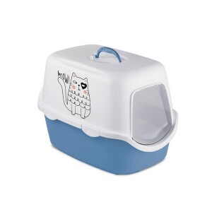 Stefanplast Griffe Baskılı Kapalı Kedi Tuvaleti Mavi/Beyaz - Stefanplast