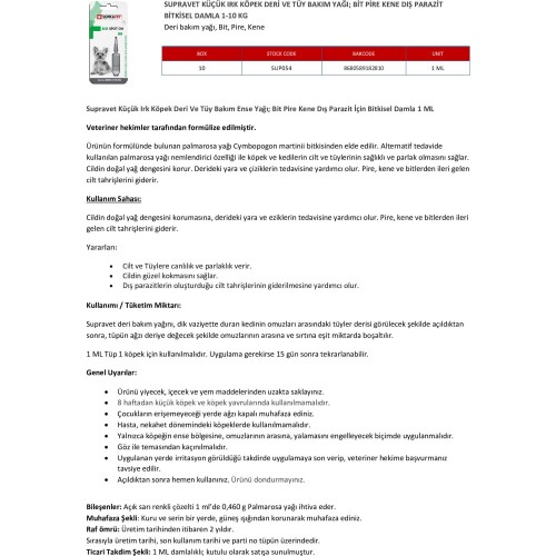 Supravet Küçük Irk Köpek Deri ve Tüy Bakım Yağı; Bit Pire Kene Dış Parazit Ense Damlası 1-10 kg (1 ml) - 3