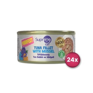 Supreme Cat Purrfect Tiftiklenmiş Ton Balıklı ve Midyeli Yetişkin Kedi Konservesi 70 gr X 24 Adet - Supreme