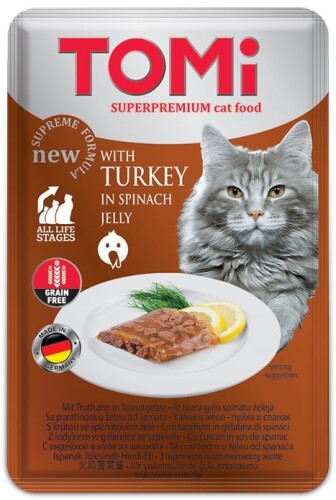 Tomi Pouch Pate Hindi Etli ve Ispanaklı Tahılsız Yetişkin Kedi Konservesi 100 gr - 1