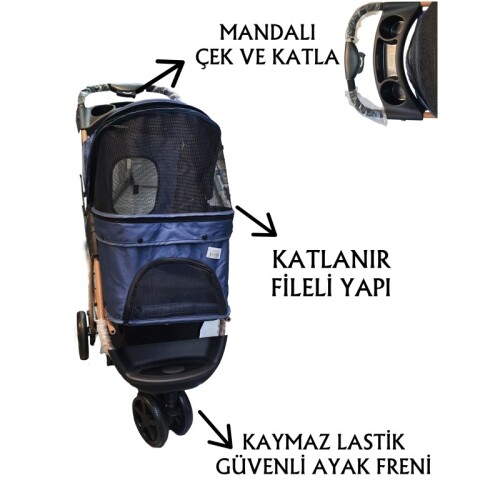 Tommy Evcil Hayvan Arabası 87x50x107cm Lacivert Max 20 Kg - 1