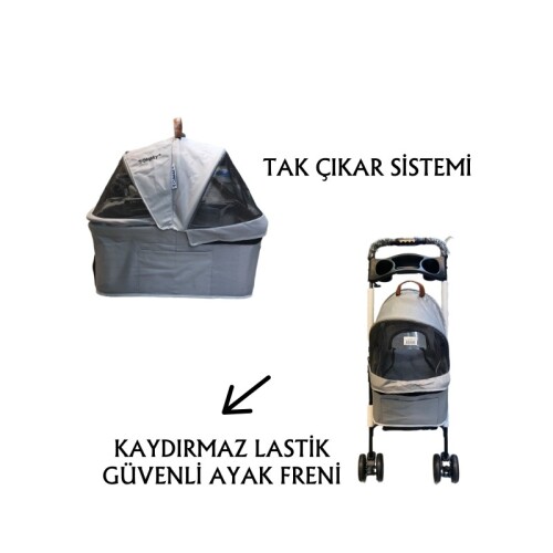 Tommy Evcil Hayvan Arabası 65x45x95cm Gri Max 15kg - 3