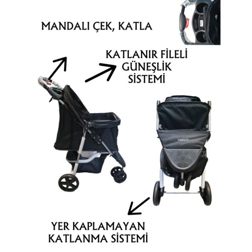Tommy Evcil Hayvan Arabası 80x46x99cm Siyah Max 15 Kg - 3