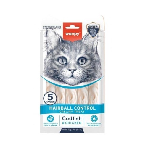 Wanpy Hairball Control Morina Balığı ve Tavuklu Sıvı Krema Kedi Ödülü 5x14 Gr - 1