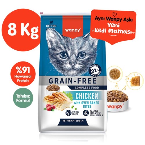 Wanpy Tavuklu Tahılsız Yavru Kedi Maması 8 Kg - 1
